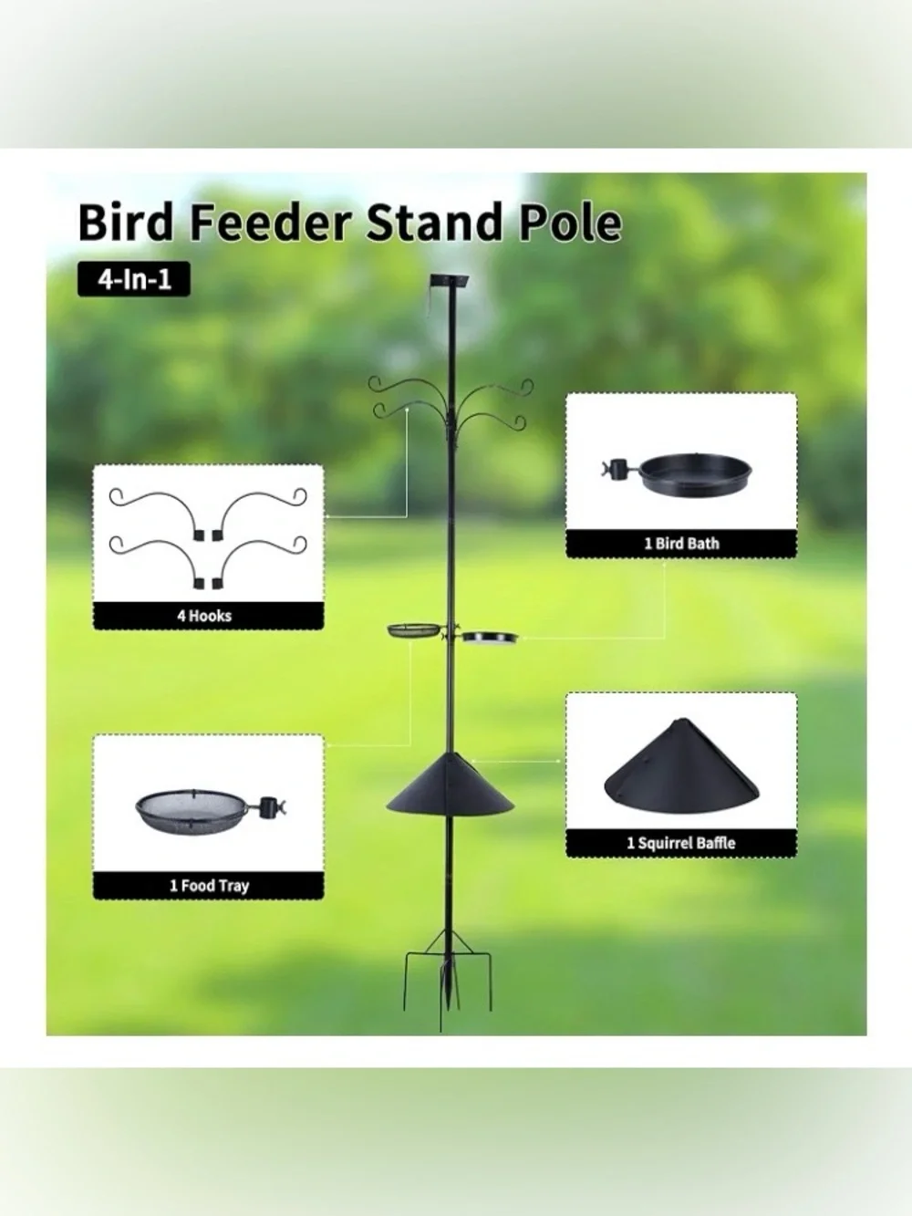 4 in 1-92 Inch Bird Feeder Pole with Squirrel Baffle With Bath, Food Tray,New